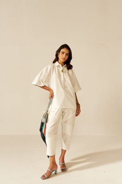 White Cotton Poplin Shirt and Tapered Pants Co-ord Set