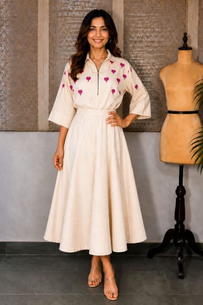 White Heart-Embroidered Top and Midi Skirt Co-ord Set