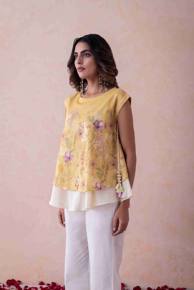 Yellow Floral Printed Sleeveless A-Line Top