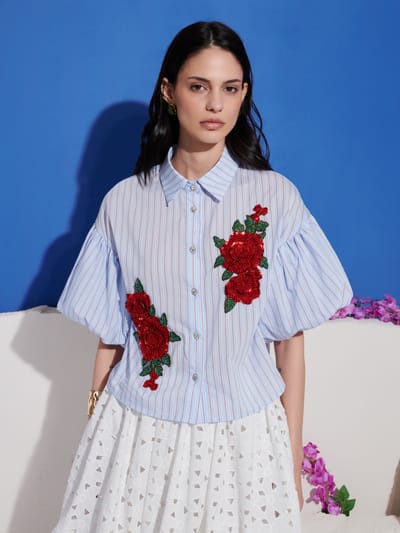 Blue Striped Collared Shirt with Floral Appliqué