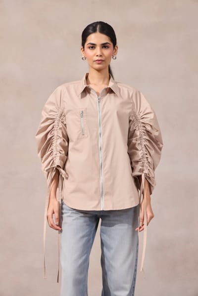 Lavender Zip-Front Shirt with Ruched Sleeves