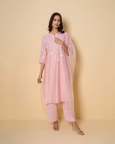 Misty Rose Embroidered Chanderi Suit Set
