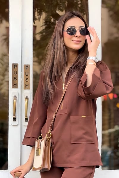 Brown Banana Crepe Half-Zip Co-ord Set with Bell-Bottoms