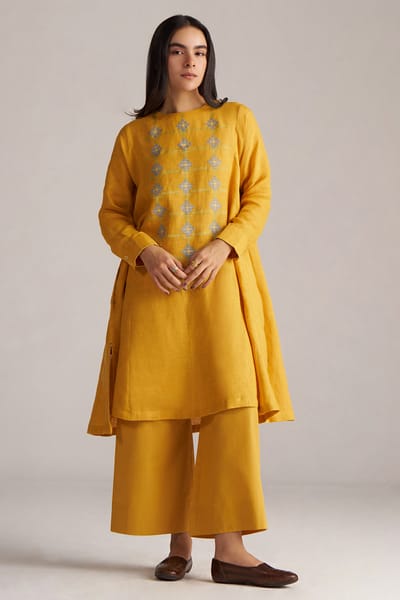 Yolk Yellow Linen Kurta and Wide-Leg Pants Co-ord Set