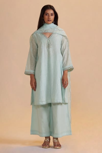 Misty Blue Chanderi Silk Embroidered Kurta Set with Dupatta