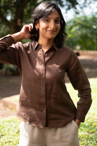 Tree Trunk Brown Linen Button-Down Shirt