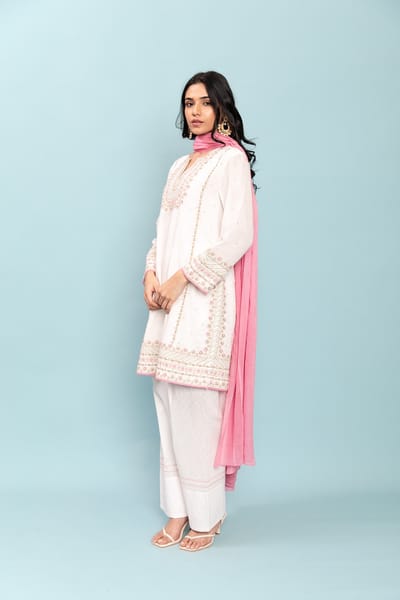 Ivory Cotton Flex Embroidered Kurta Set with Pink Dupatta