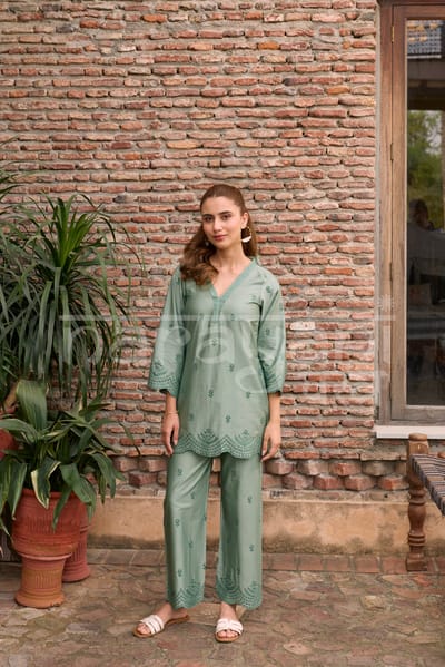 Green Cotton Embroidered Kurta and Pants Co-ord Set