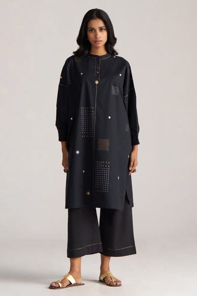 Black Cotton Printed Kurta and Wide-Leg Pants Co-ord Set