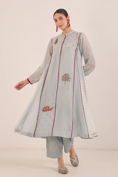 Powder Blue Chanderi Kali Kurta Set with Red Piping