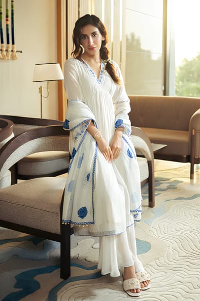 Marshmellow and Cobalt Blue A-Line Chanderi Kurta Set