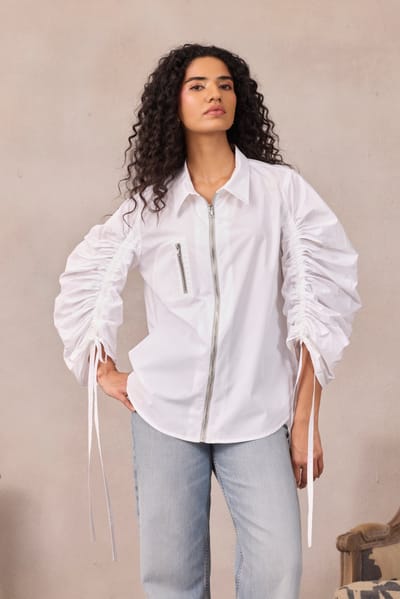 Lavender Ruched Sleeve Zip-Front Shirt