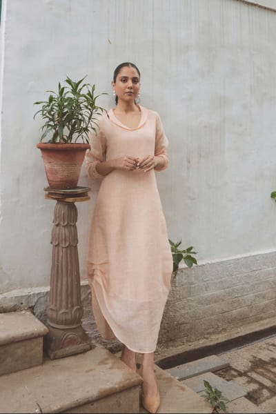 Peach Linen Straight Midi Dress with V-Neck and Pockets