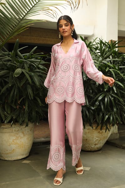 Pink Cutwork Embroidered Co-ord Set with Wide-Leg Pants