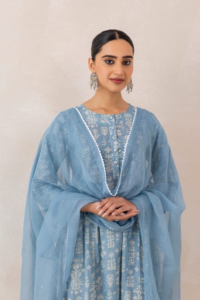 Baby Blue Floral Printed Cotton Slub Kurta Set with Dupatta