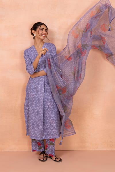 Purple Printed Cotton Kurta Set with Dupatta