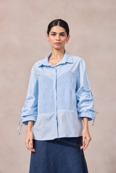 Frost Blue Smocked Detail Cotton Poplin Shirt