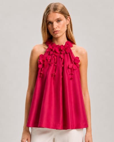 Fuchsia 3D Floral Appliqué Halter Neck Blouse