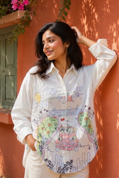 White Scenic Print Relaxed-Fit Shirt