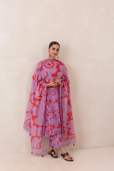 Red and Purple Printed Chanderi Kurta Set with Dupatta