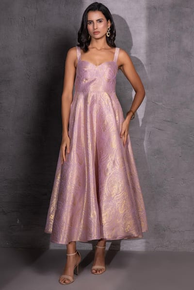 Lilac Brocade Fit and Flare Midi Dress with Jacket
