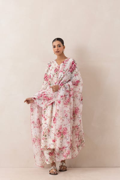 Pink and White Floral Printed Flared Kurta Set