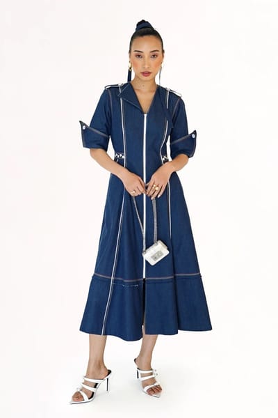 Denim Fit and Flare Midi Dress with Front Zipper