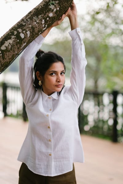 Pearl White Linen Button-Down Shirt
