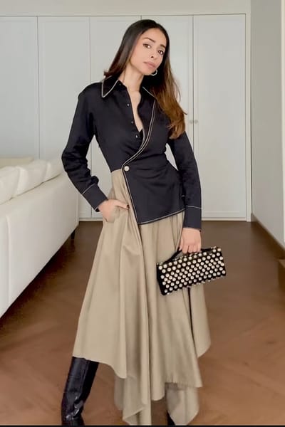 Black and Mushroom Fit and Flare Midi Dress