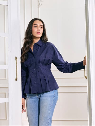 Navy Stud-Embellished Cinched-Waist Shirt