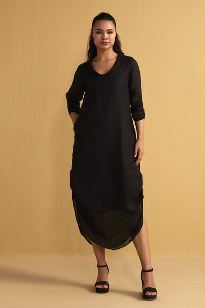 Black Linen V-Neck Midi Dress with Pockets