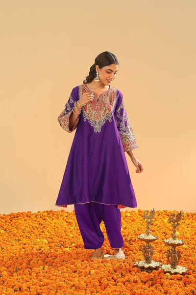 Purple Kalidaar Chauga Kurta Set with Embroidered Yoke