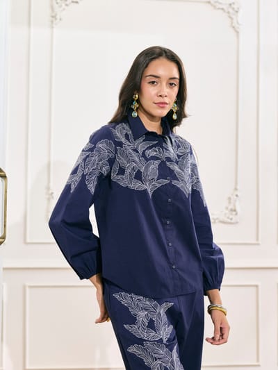 Navy Cotton Poplin Embroidered Button-Down Shirt
