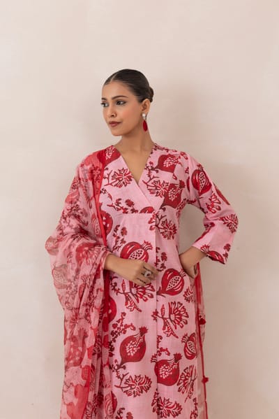 Pink and Red Printed Cotton Slub Kurta Set