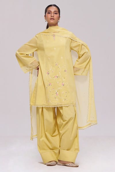 Sulphur Yellow Mul-Chanderi Kurta Set