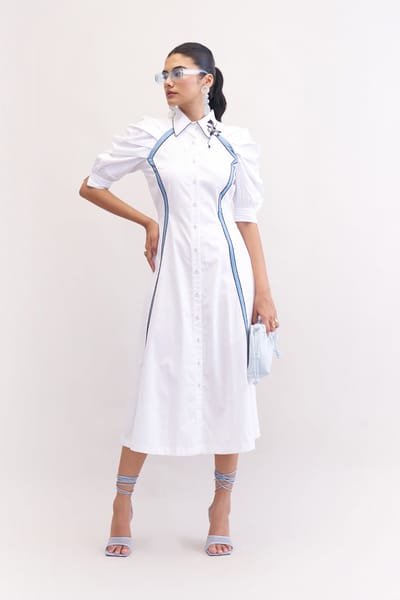 White Midi Shirt Dress with Blue Side Panels