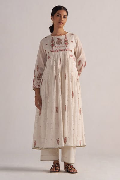Antique White Printed A-Line Kurta and Pants Co-ord Set