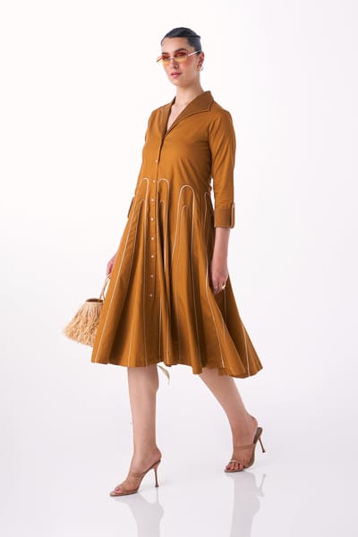 Teakwood Cotton Satin Fit and Flare Midi Shirt Dress