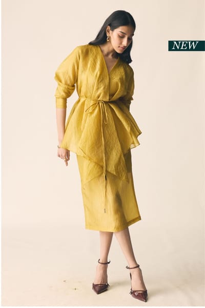 Mustard Organza Wrap Top and Midi Skirt Co-ord Set