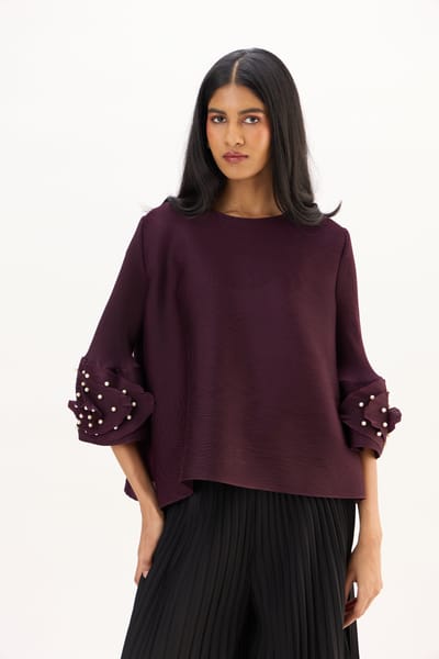 Dark Wine Pleated Top with Pearl Appliqué Sleeves