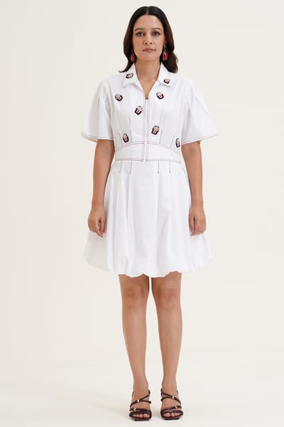 White Cotton Zip-Front Balloon Mini Dress