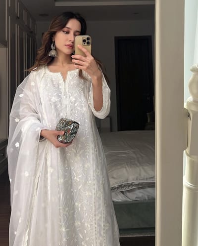 White Chanderi Embroidered Straight Kurta Set with Dupatta