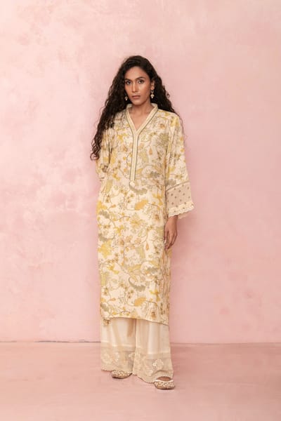 Soft Yellow Floral Kurta and Straight Pants Set