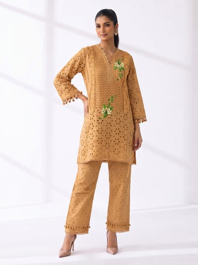 Orange Cotton Cutwork Kurta Set with Floral Embroidery