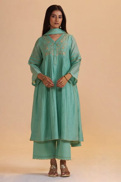 Dusty Jade Green Chanderi Silk A-Line Kurta Set