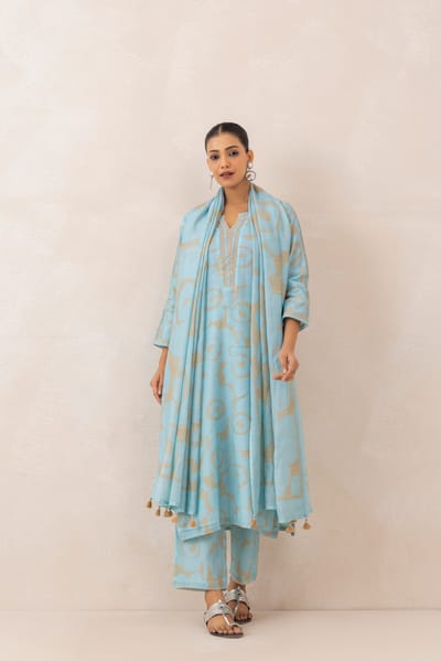Blue Beige Abstract Printed Chanderi Kurta Set with Dupatta