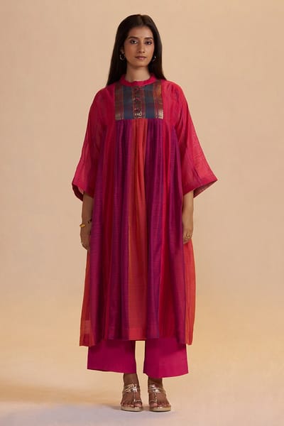 Wine and Rani Pink Colorblocked Kurta Co-ord Set