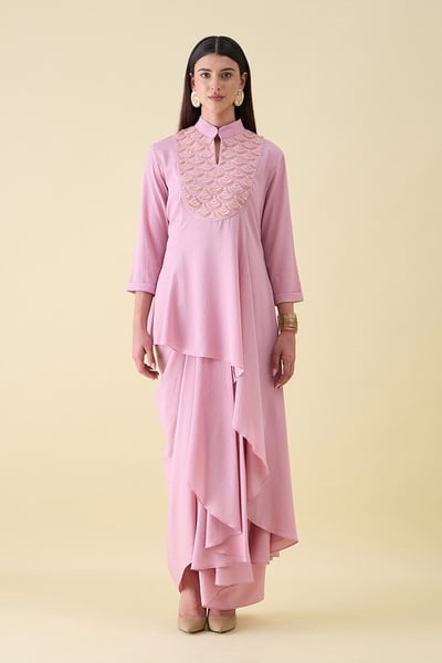 Pink Embellished Draped Tunic Skirt Set