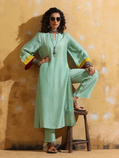 Mint Green Muslin Silk High-Slit Kurta Pant Set