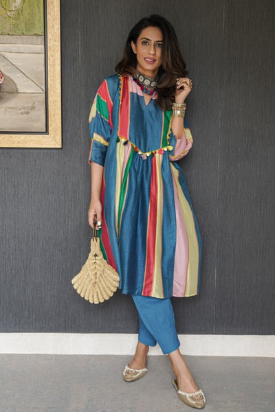 Multicolour Stripe Cape with Pintuck Pant Set